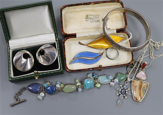 Mixed jewellery including silver, David Andersen brooch and Jensen style ear clips.